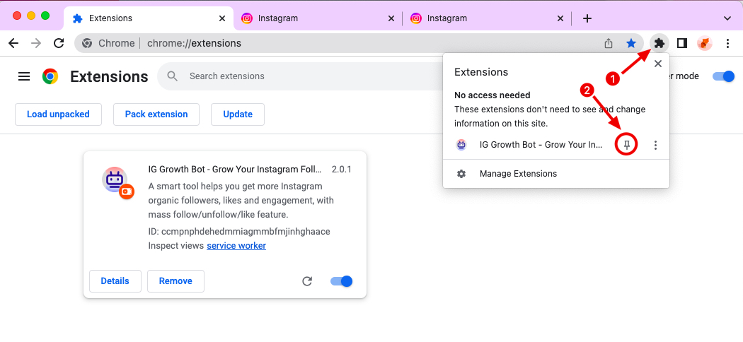 IG Auto Bot chrome extension install pin